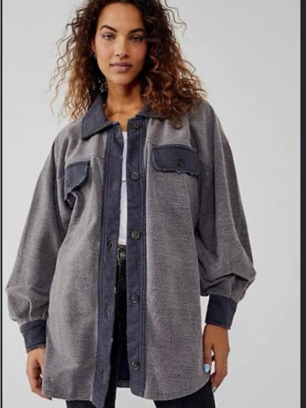 Free People Oversized Grey Sherpa Shacket Jacket - Women's Grey